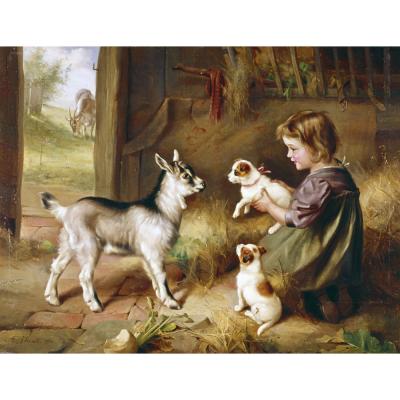 Edgar Hunt – Girl with a Kid and Puppies